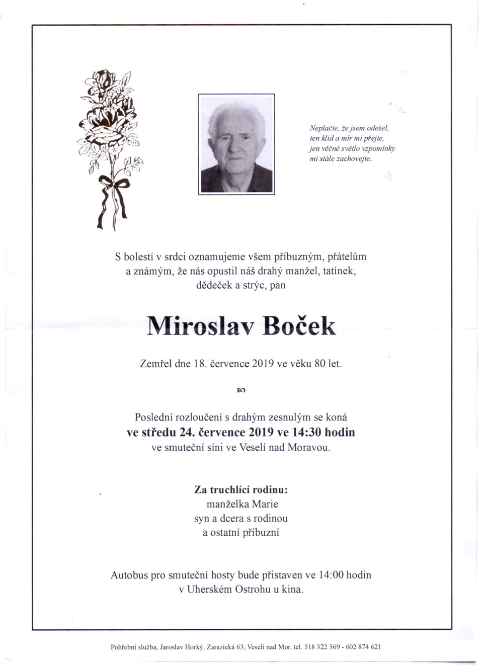 Smuteční oznámení - zemřel pan Miroslav Boček